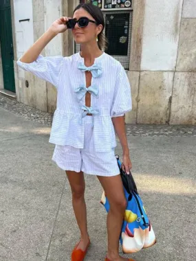 Girlary Women's Kawaii 2 Piece Summer Set Striped Front Tie-Up Half Sleeve Ruffled Tops   Elastic Waist Shorts Casual Outfit