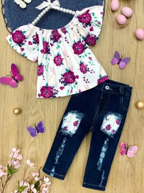Girls Blooming Flower Top and Patched Distressed Jeans Set
