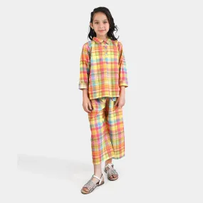 Girls Cotton Viscose Co-ord Set Checkered-Multi