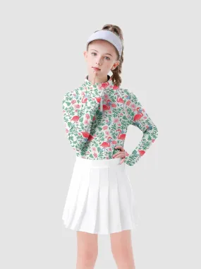 Girls Flamigo Pattern Quarter-zip Long-sleeve Shirt with thumbhole