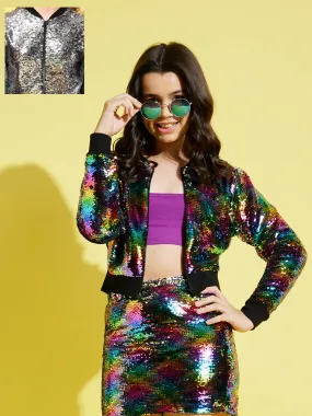 Girls Multicolor Sequin Mesh Crop Jacket - Lyush Kids