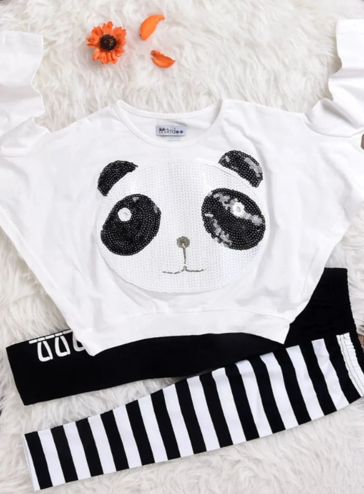Girls Panda Sequins Striped Bow Winter Set