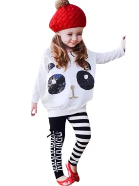 Girls Panda Sequins Striped Bow Winter Set