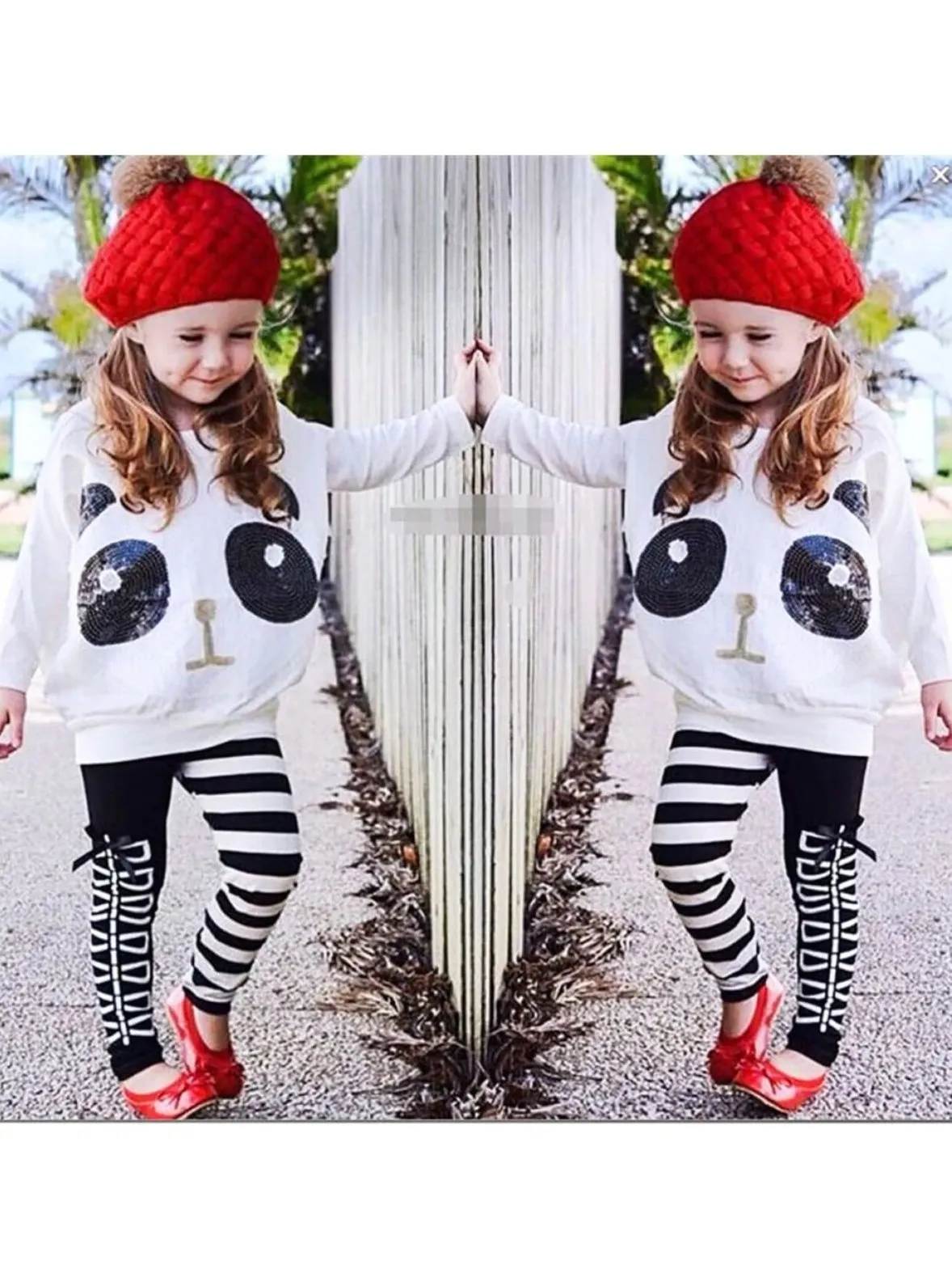 Girls Panda Sequins Striped Bow Winter Set
