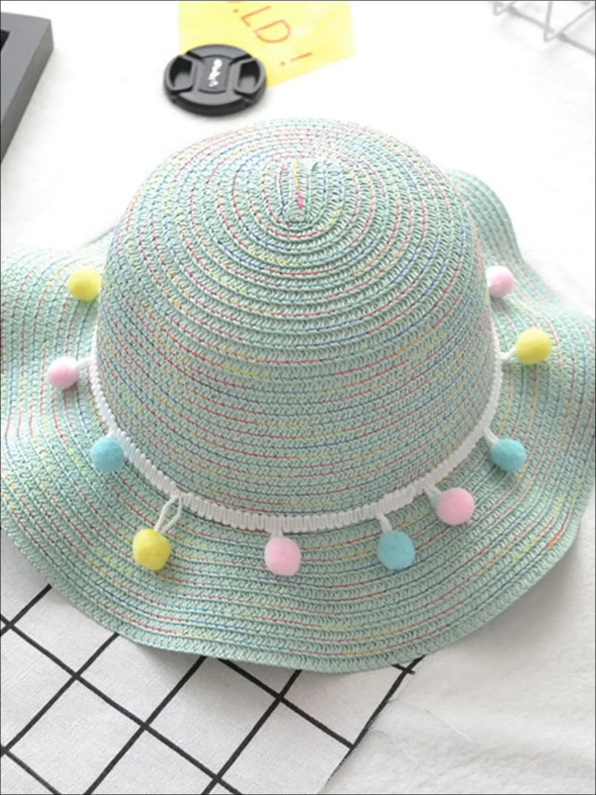 Girls Ruffled Wave Edge Pom Pom Banded Straw Hat