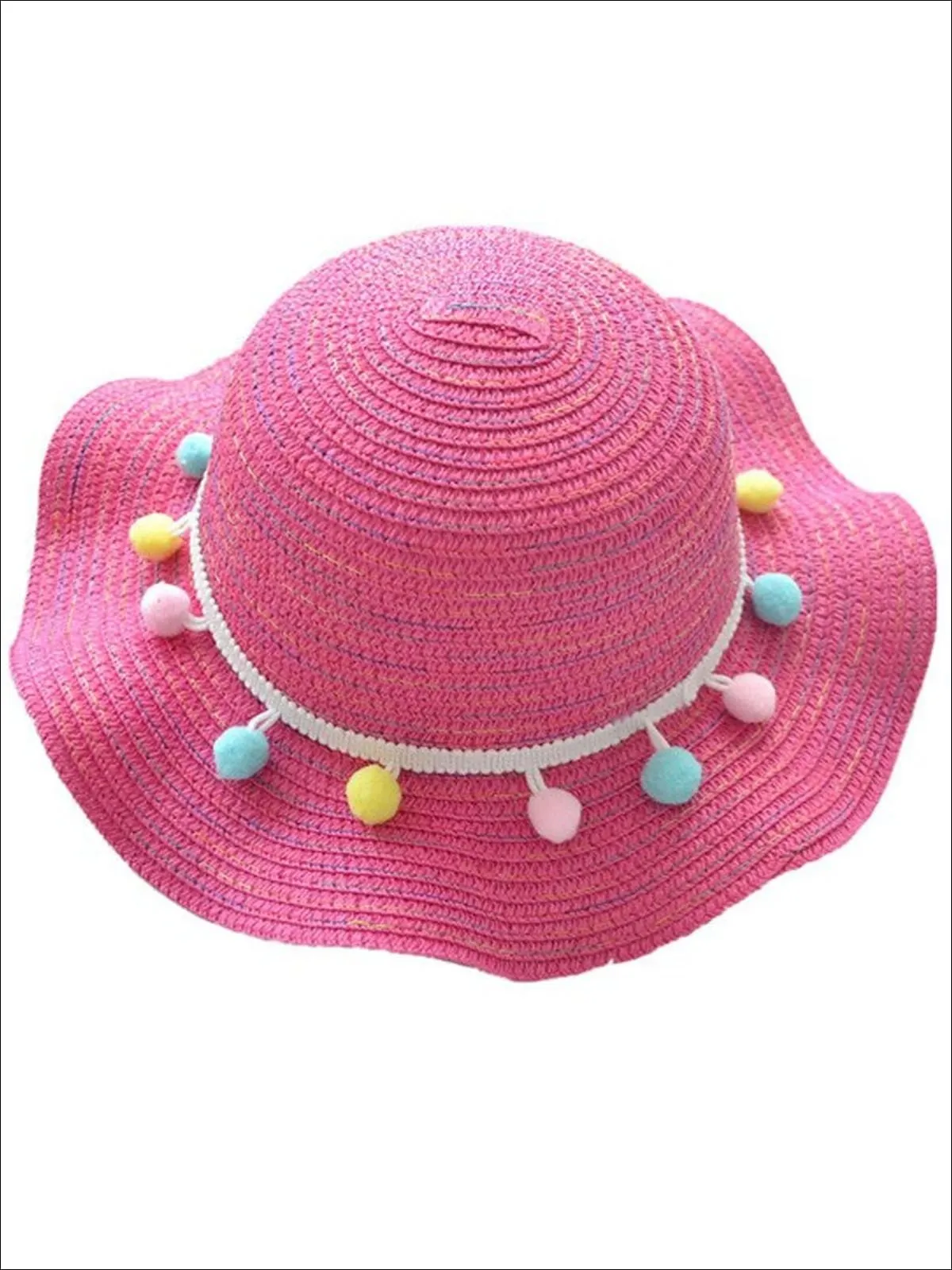 Girls Ruffled Wave Edge Pom Pom Banded Straw Hat