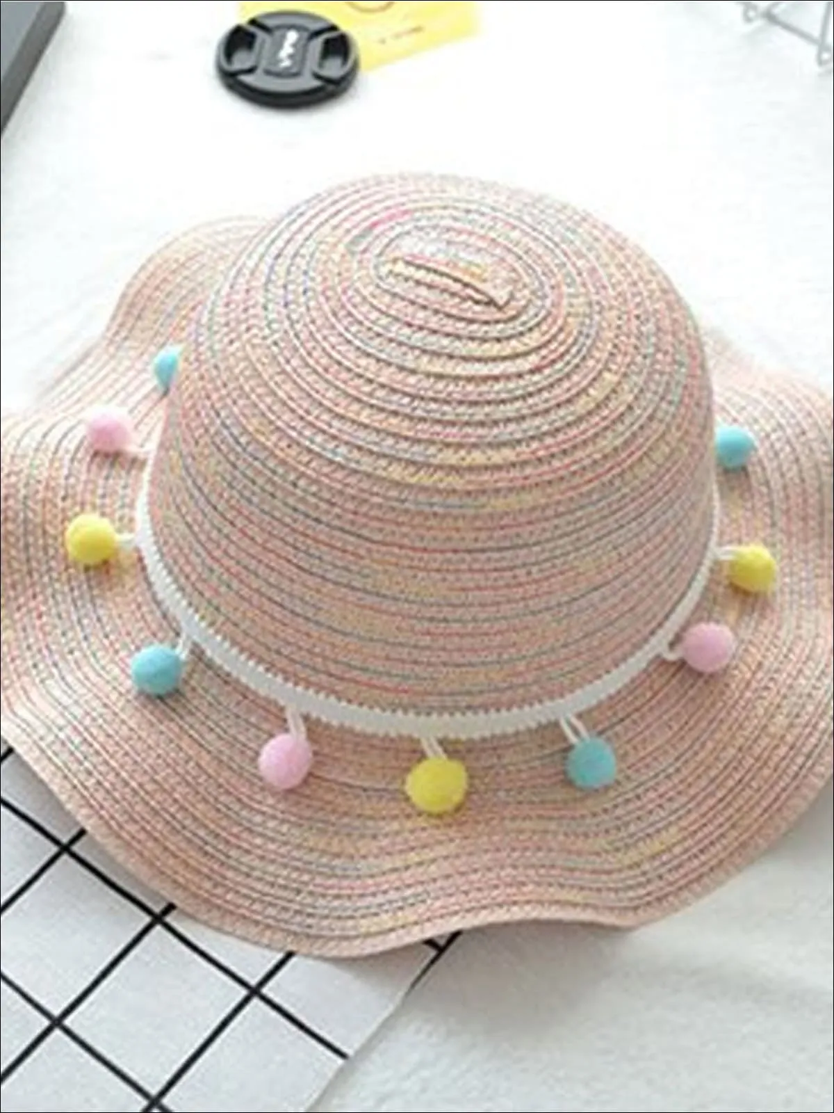 Girls Ruffled Wave Edge Pom Pom Banded Straw Hat