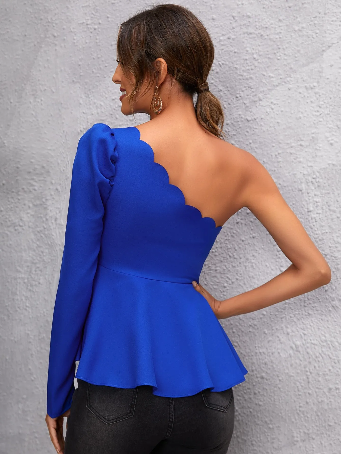 Glamorous Plain Scallop Long Sleeve One Shoulder Flared Regular Blouse