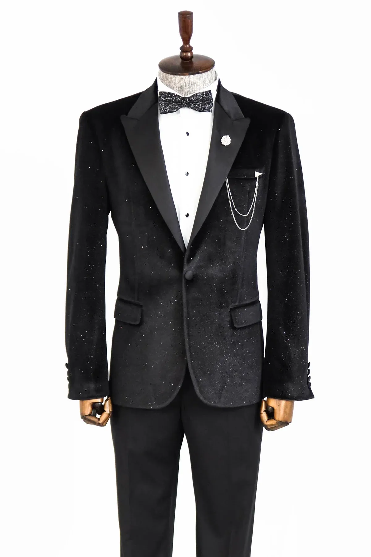 Glitter Black Velvet Prom Blazer with Black Satin Lapel