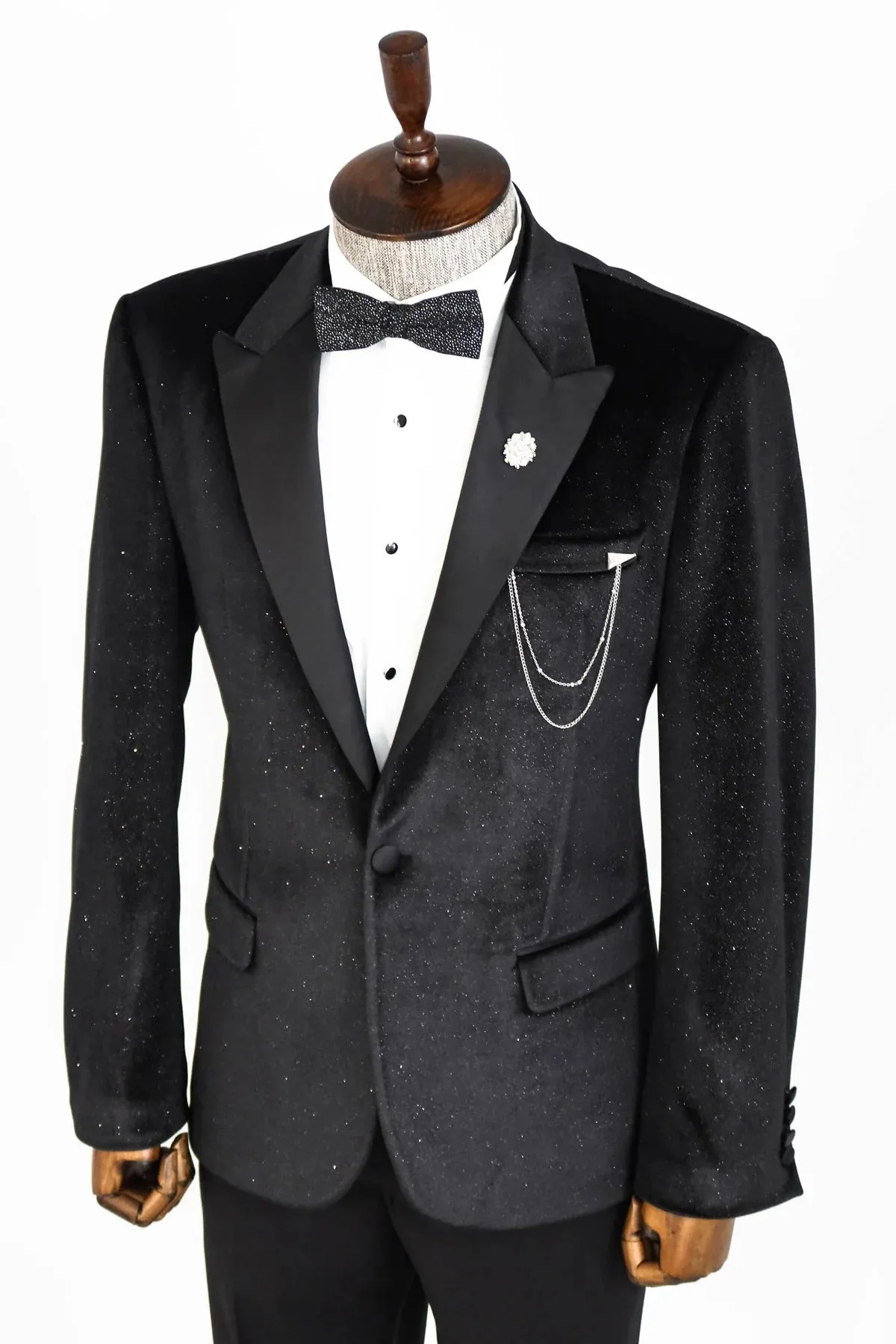 Glitter Black Velvet Prom Blazer with Black Satin Lapel