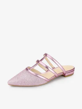 Glitter Pointed Toe T Strap Slip On Flats Mules
