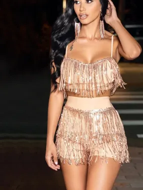 Glitter Sequin 2 Piece Outfits Sleeveless Camisole Top Tassel Bodycon Sets Short