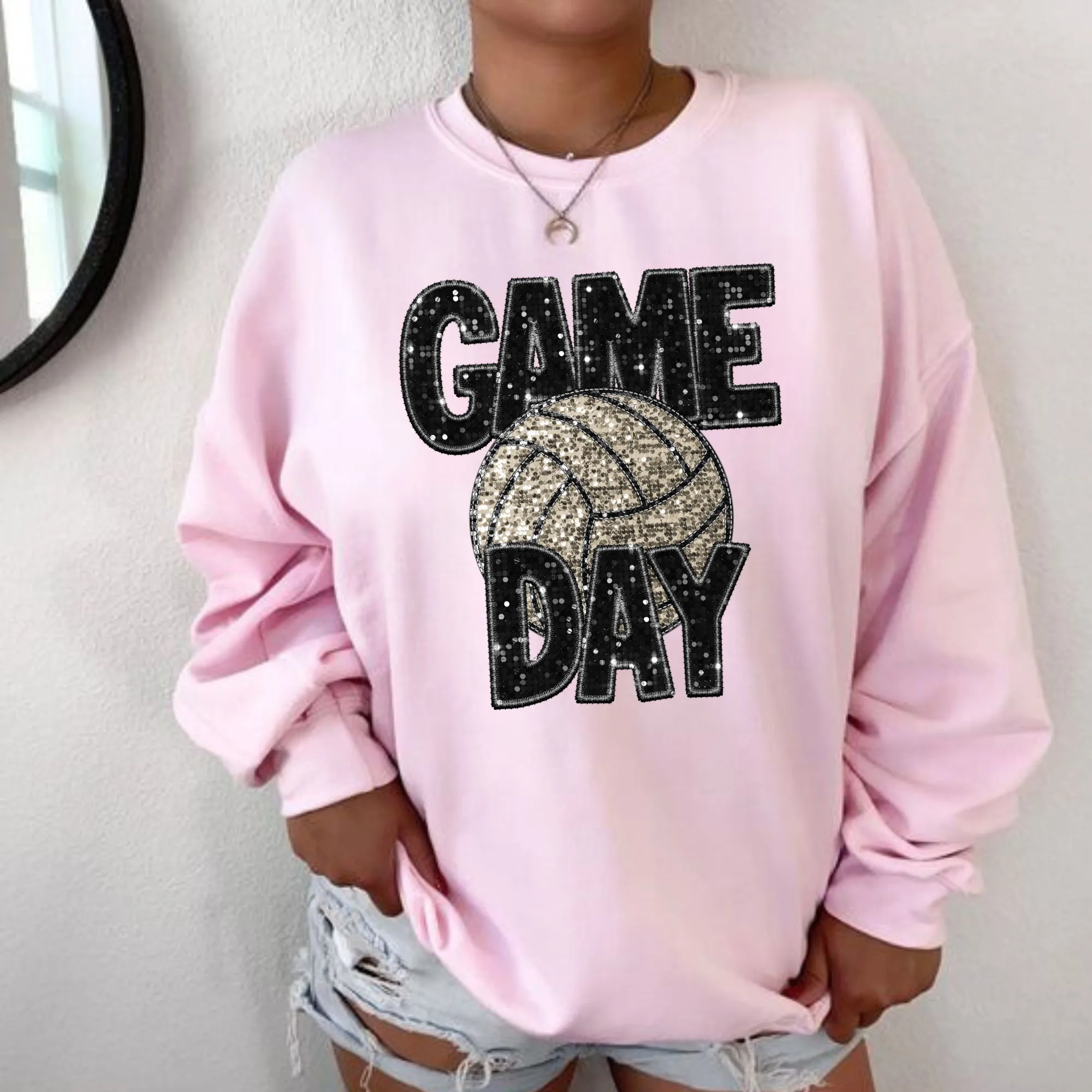 Glitter Volleyball Game Day Crewneck Sweatshirt