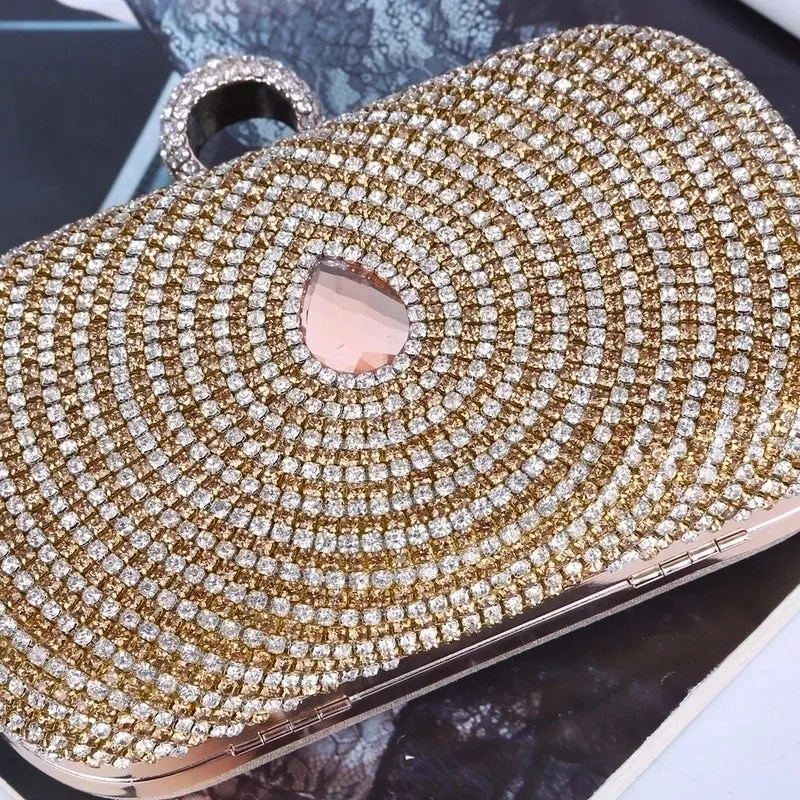 Gold Pu Leather Solid Color Rhinestone Square Evening Bags