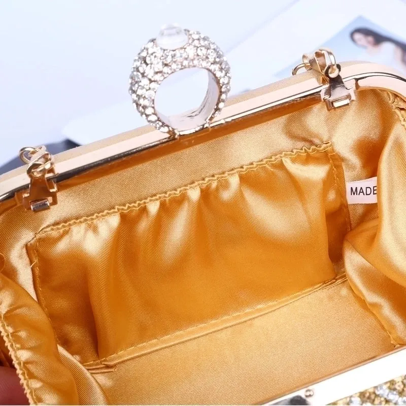 Gold Pu Leather Solid Color Rhinestone Square Evening Bags