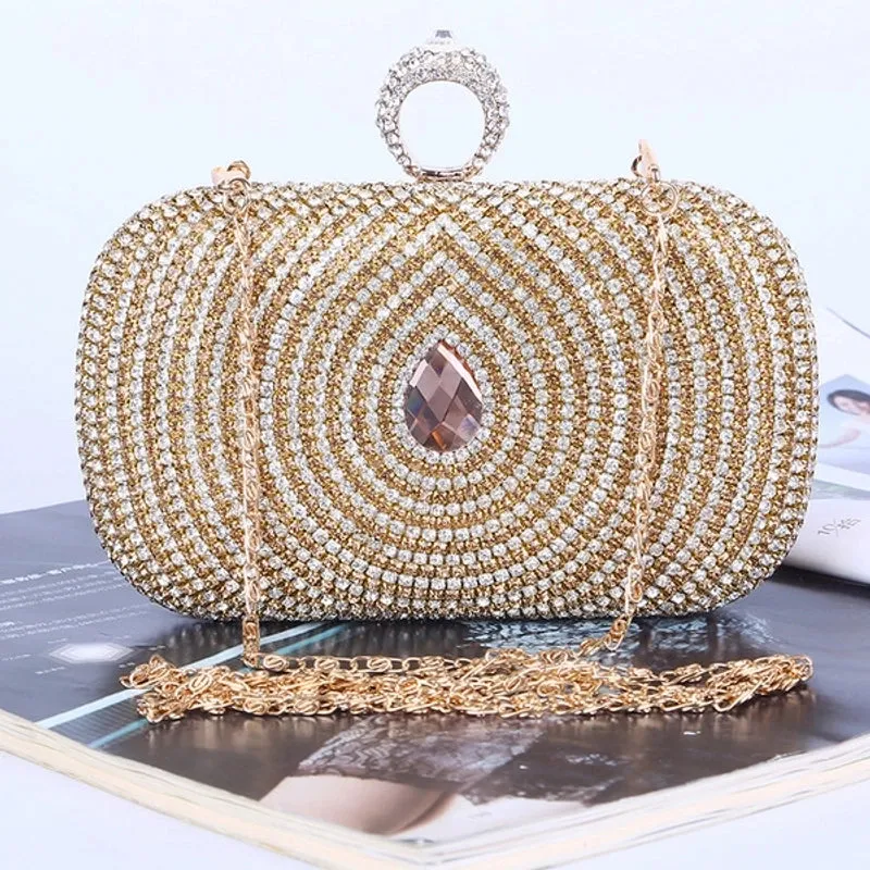 Gold Pu Leather Solid Color Rhinestone Square Evening Bags