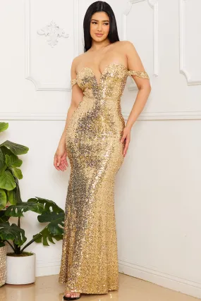Gold Sequin Off The Shoulder Maxi Dress