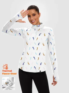Golfer Print Quarter-zip Long-sleeve Fleece Tops for Women