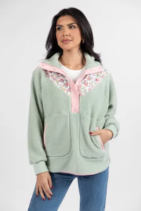 Good Feelings Sage Floral Multi Colorblock Sherpa Pullover SALE