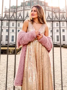 Gorgeous Double V Neck Maxi Long Sleeveless Sequin Prom Dress