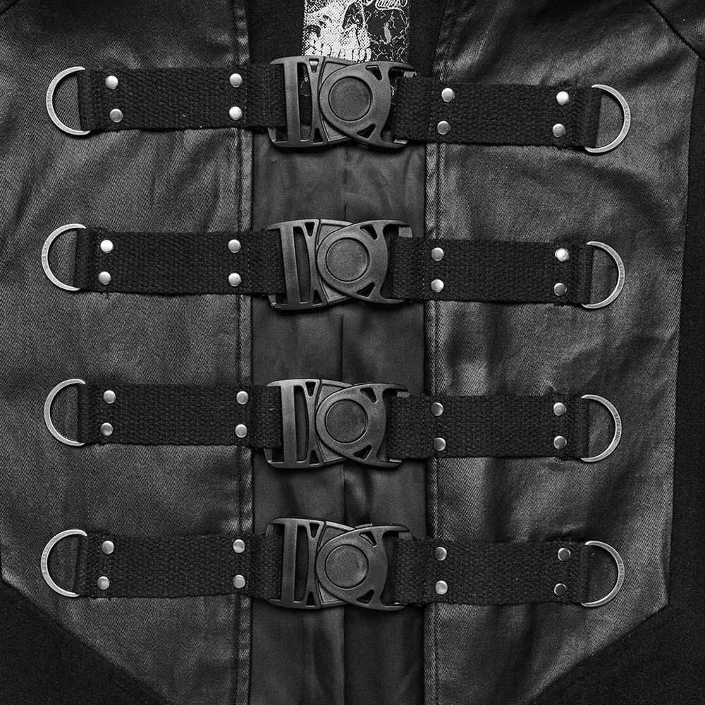 Gothic Black Woolen Cape with Buckle Accents for Men