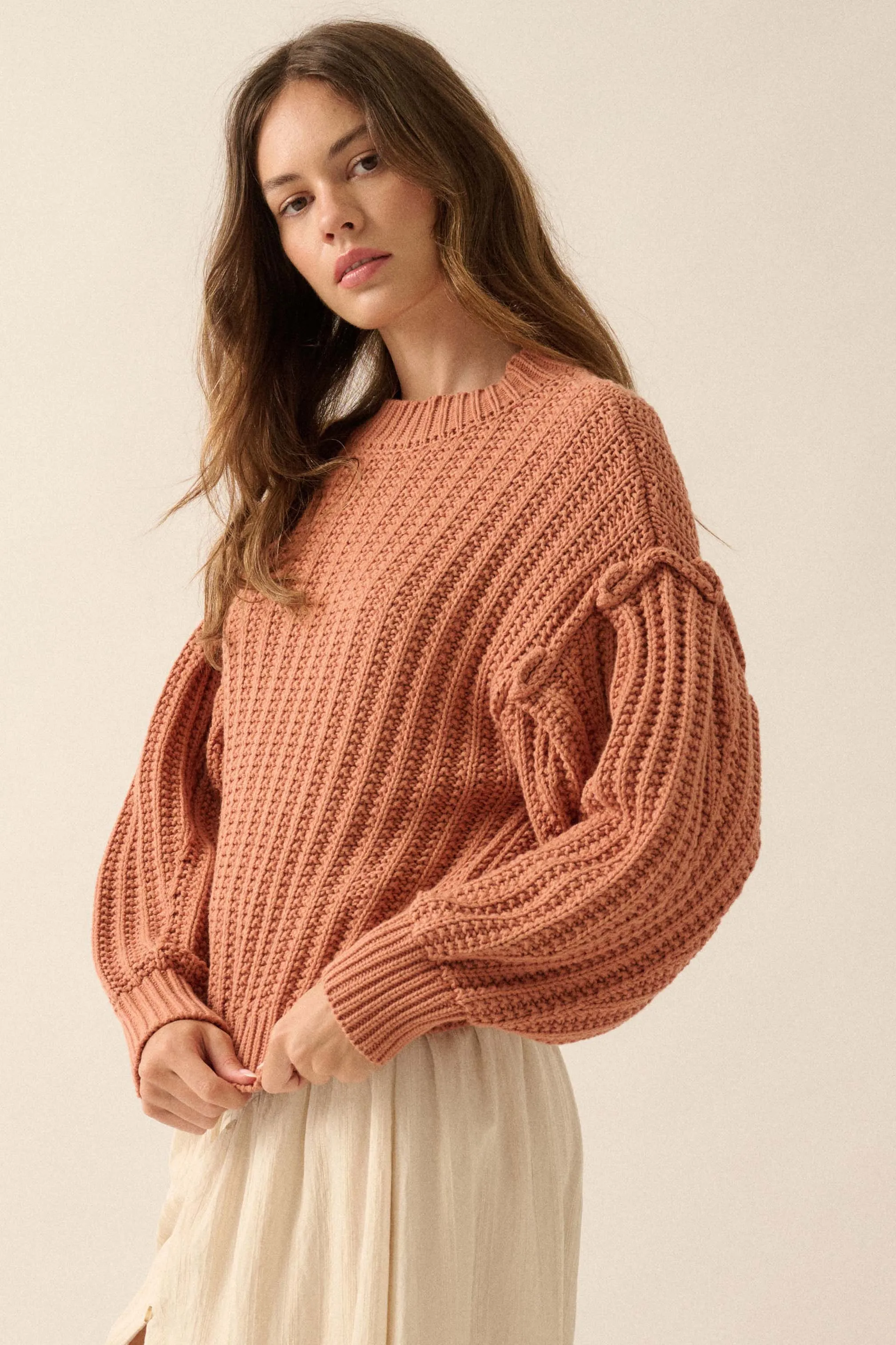 Gracious Heart Chunky Knit Pleated-Sleeve Sweater