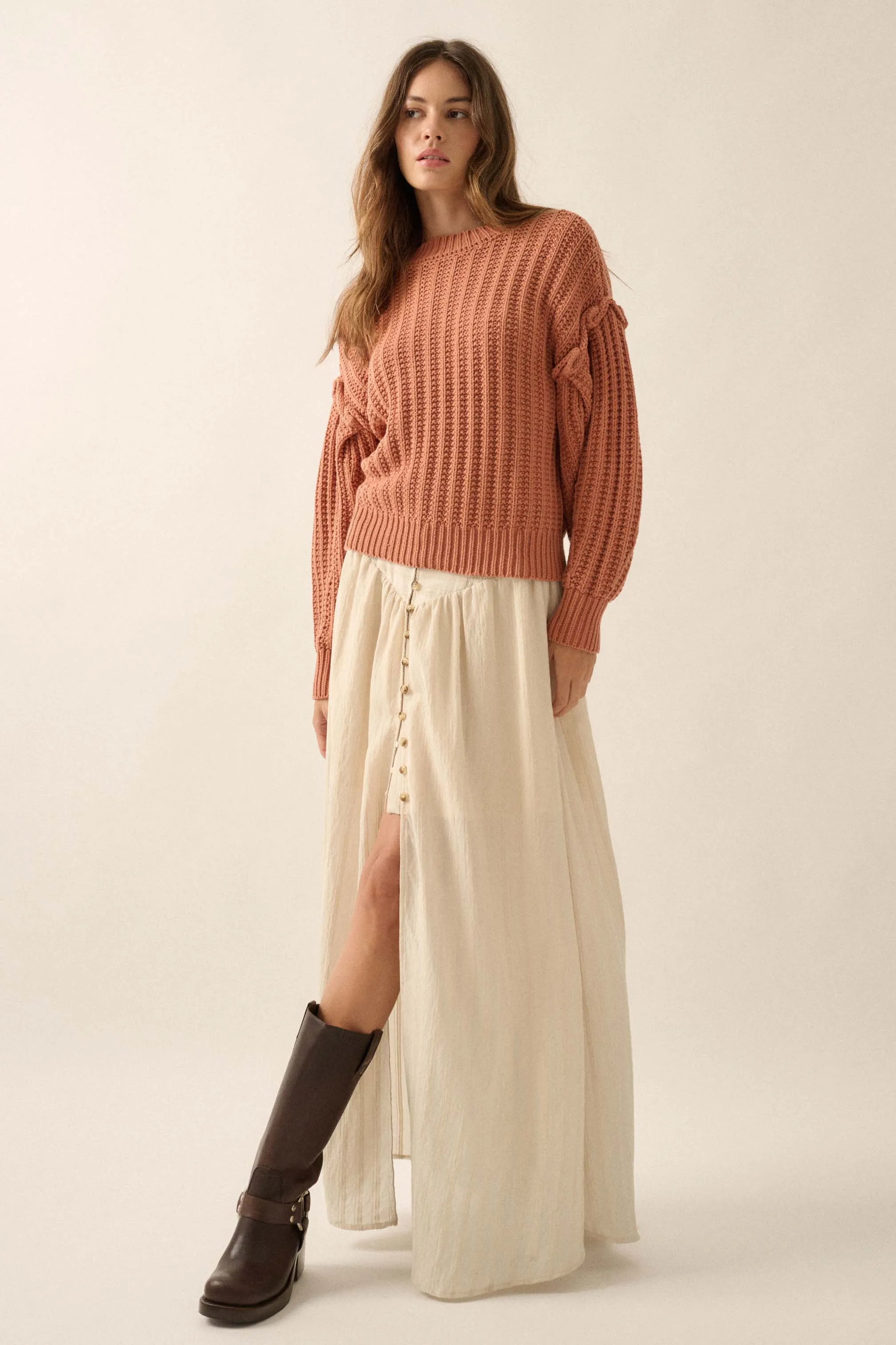 Gracious Heart Chunky Knit Pleated-Sleeve Sweater