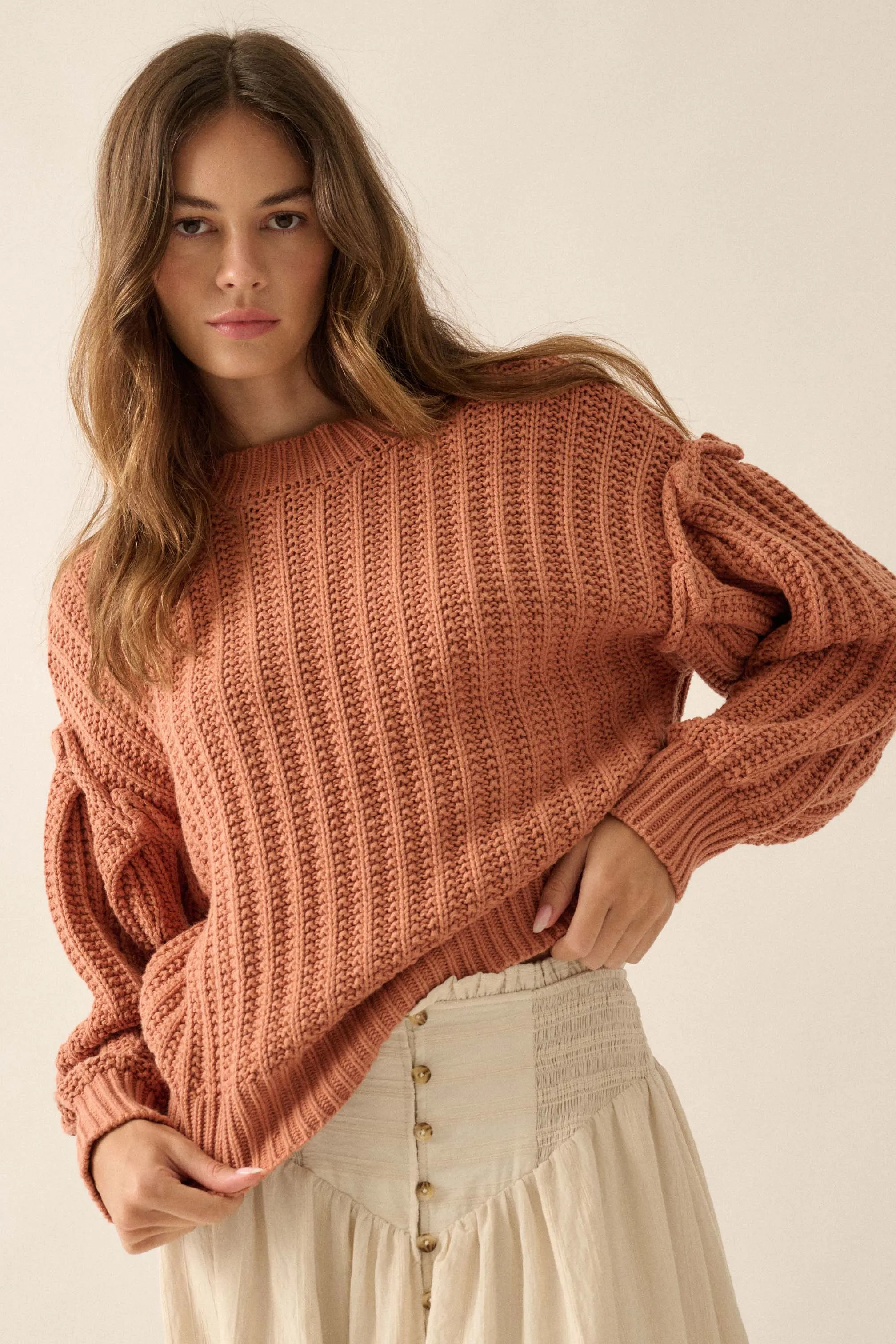 Gracious Heart Chunky Knit Pleated-Sleeve Sweater