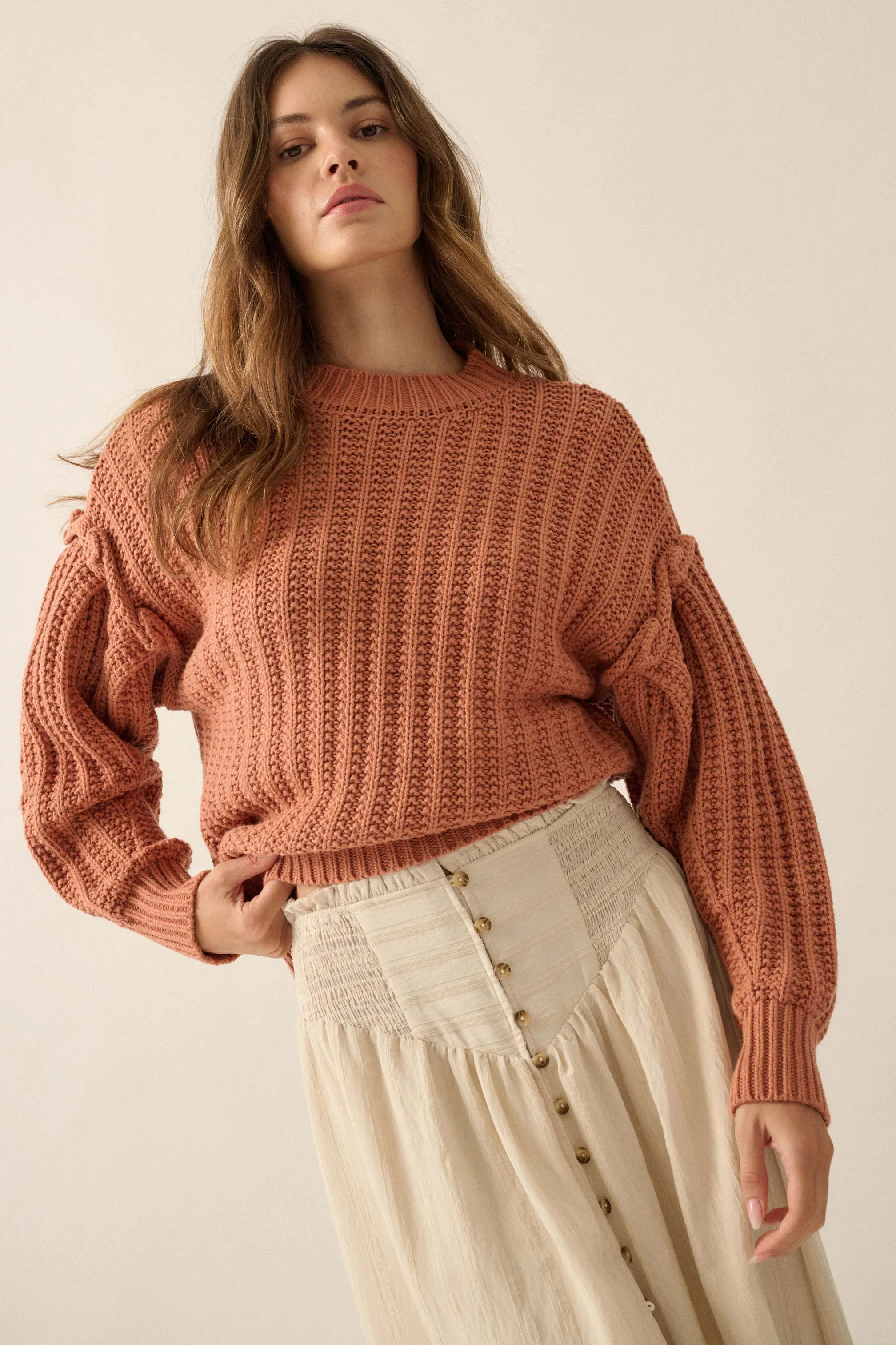 Gracious Heart Chunky Knit Pleated-Sleeve Sweater