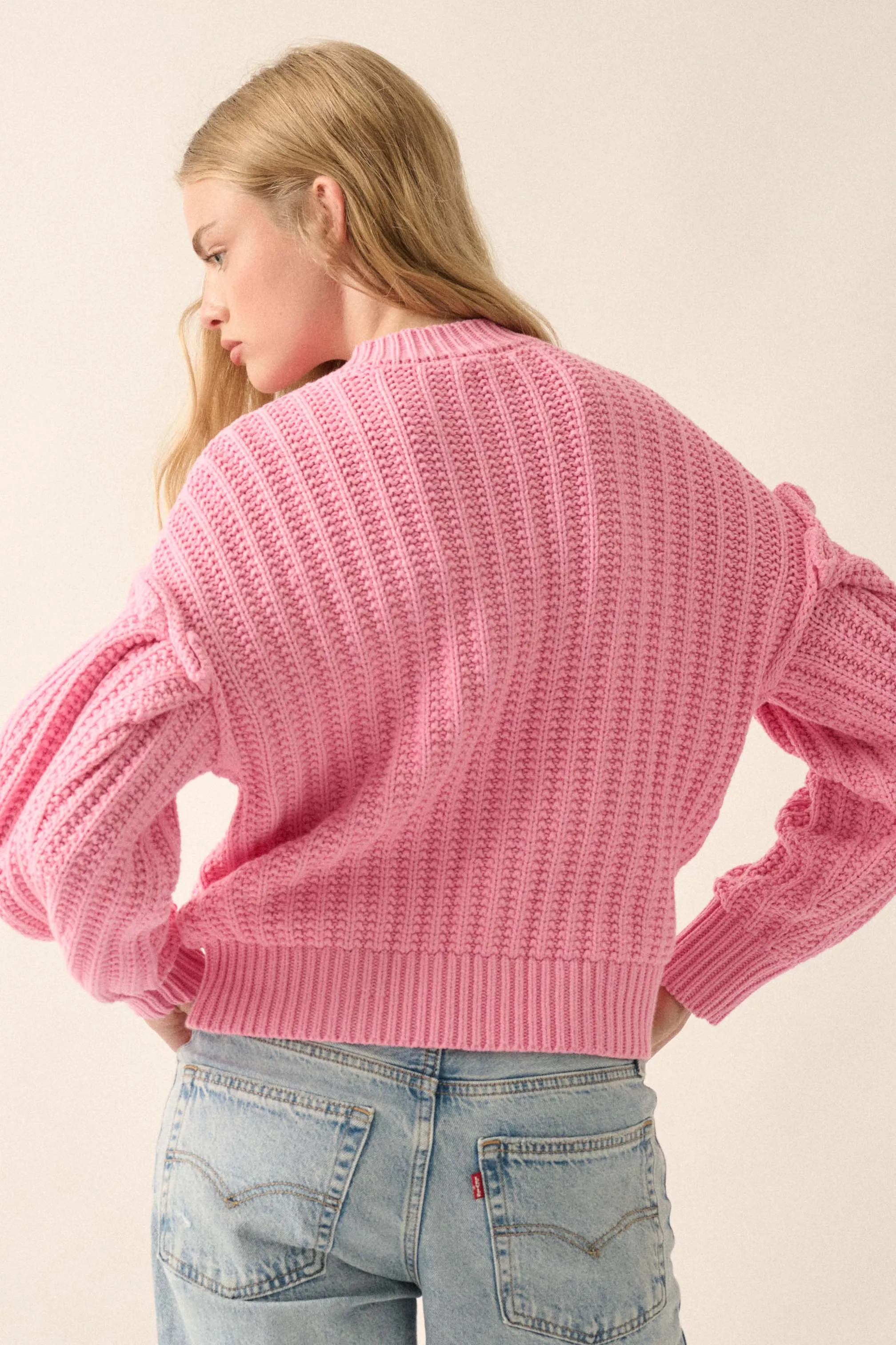 Gracious Heart Chunky Knit Pleated-Sleeve Sweater