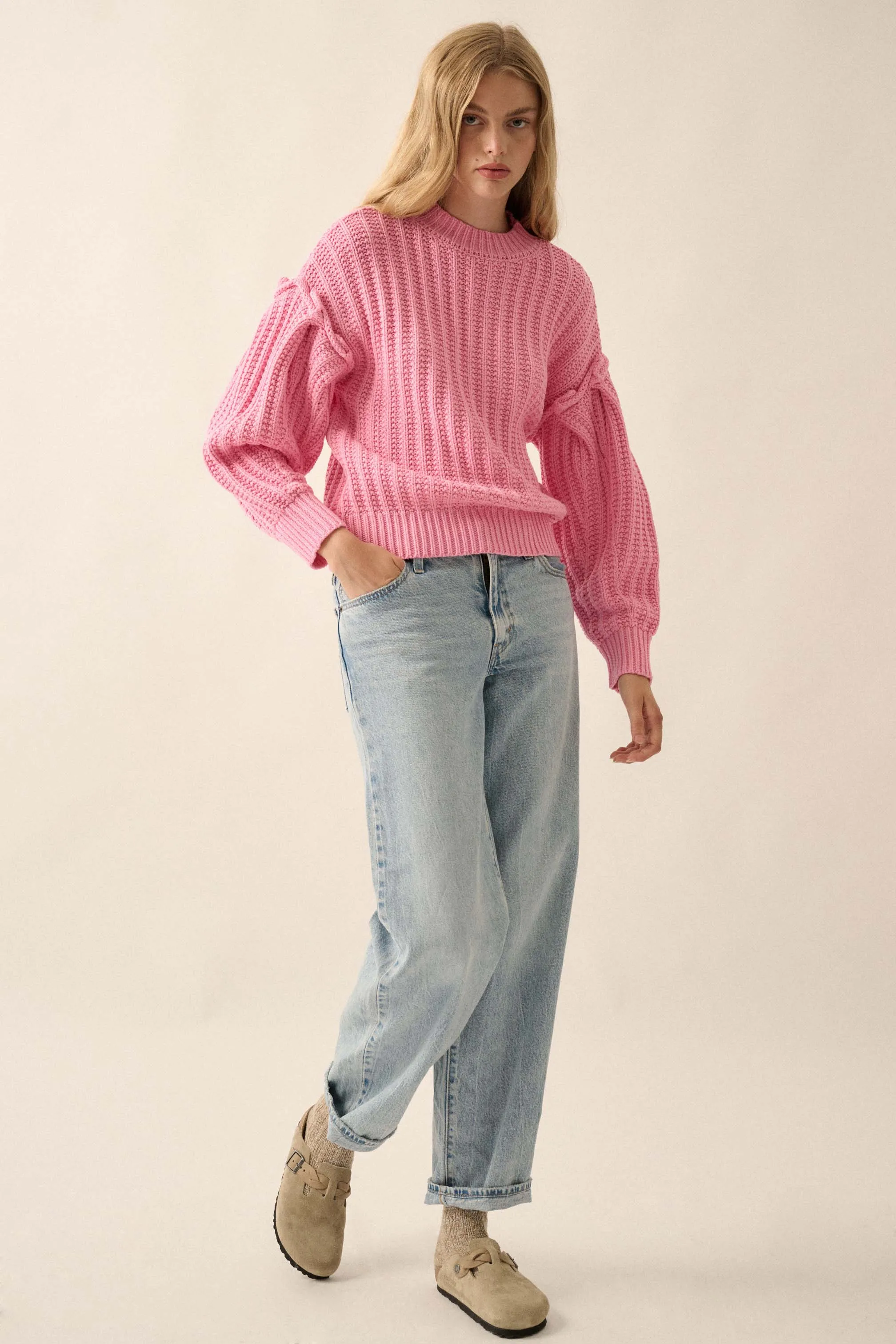 Gracious Heart Chunky Knit Pleated-Sleeve Sweater