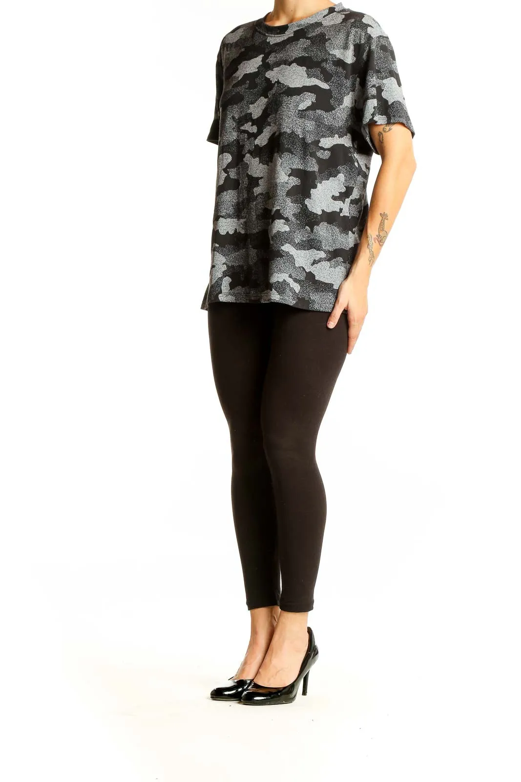 Gray Camo Print Polyester Activewear Top