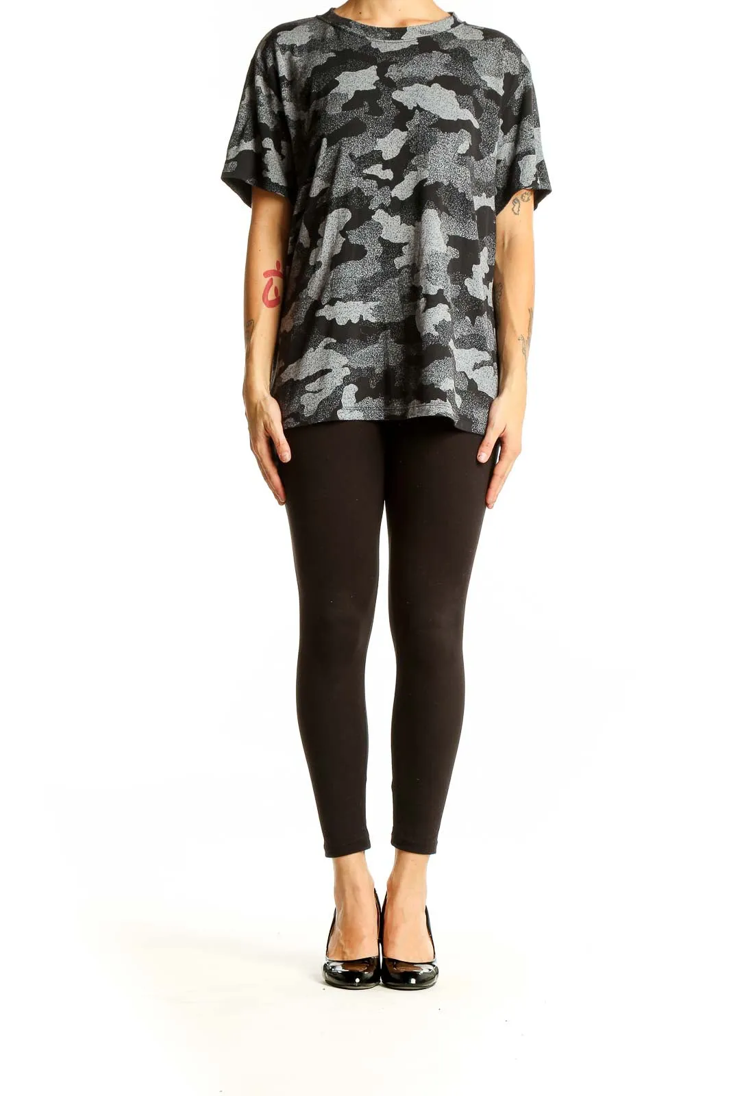 Gray Camo Print Polyester Activewear Top