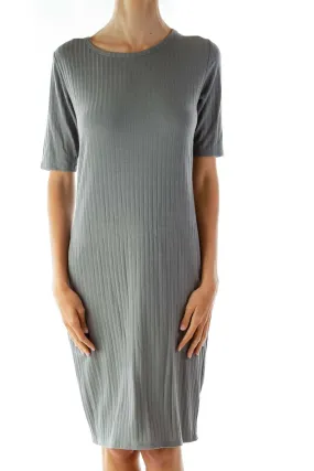 Gray Embossed Striped T-Shirt Dress