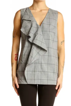 Gray Plaid Ruffled Sleeveless Top