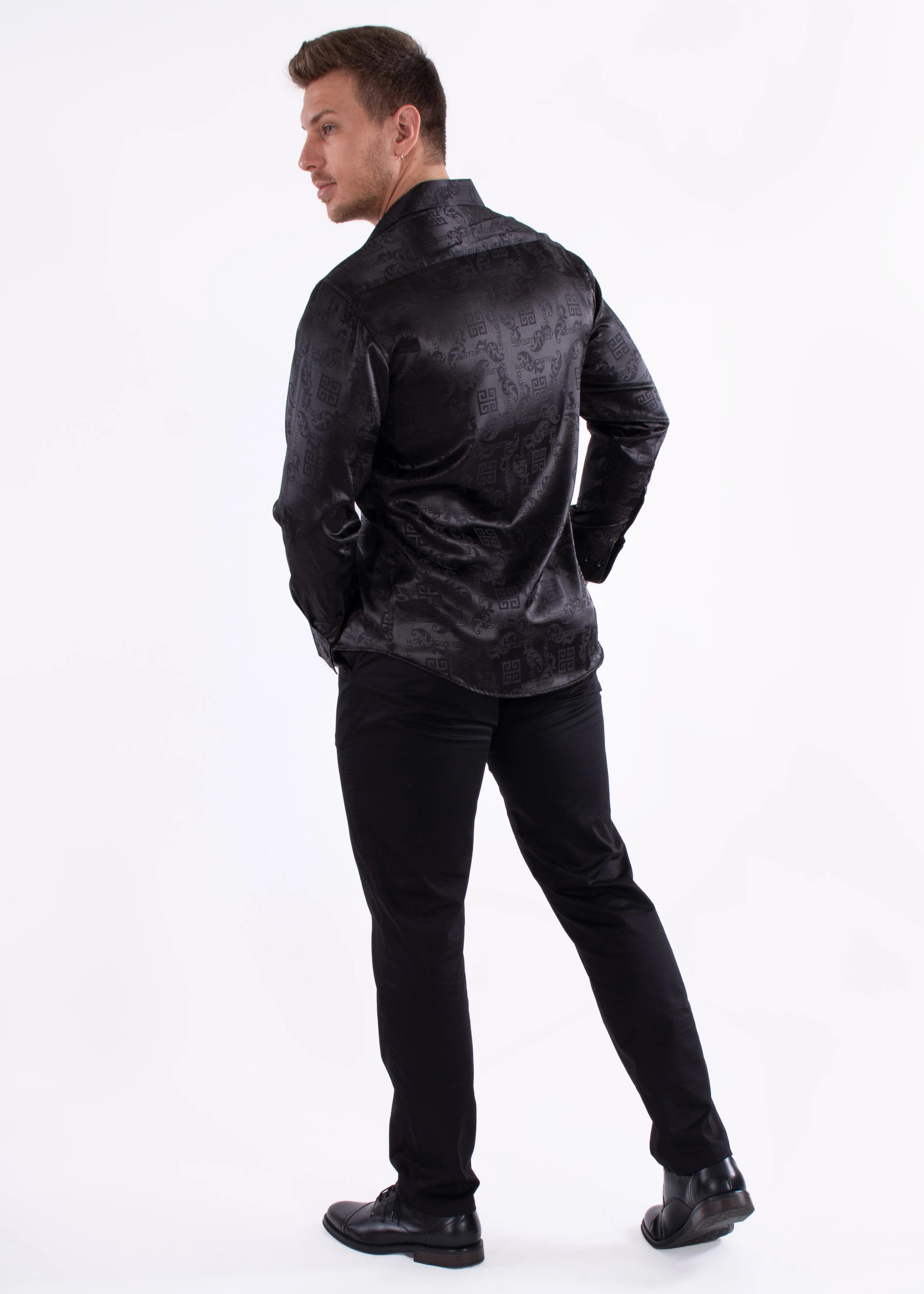 Greek Key Long Sleeve Dress Shirt Black Shine
