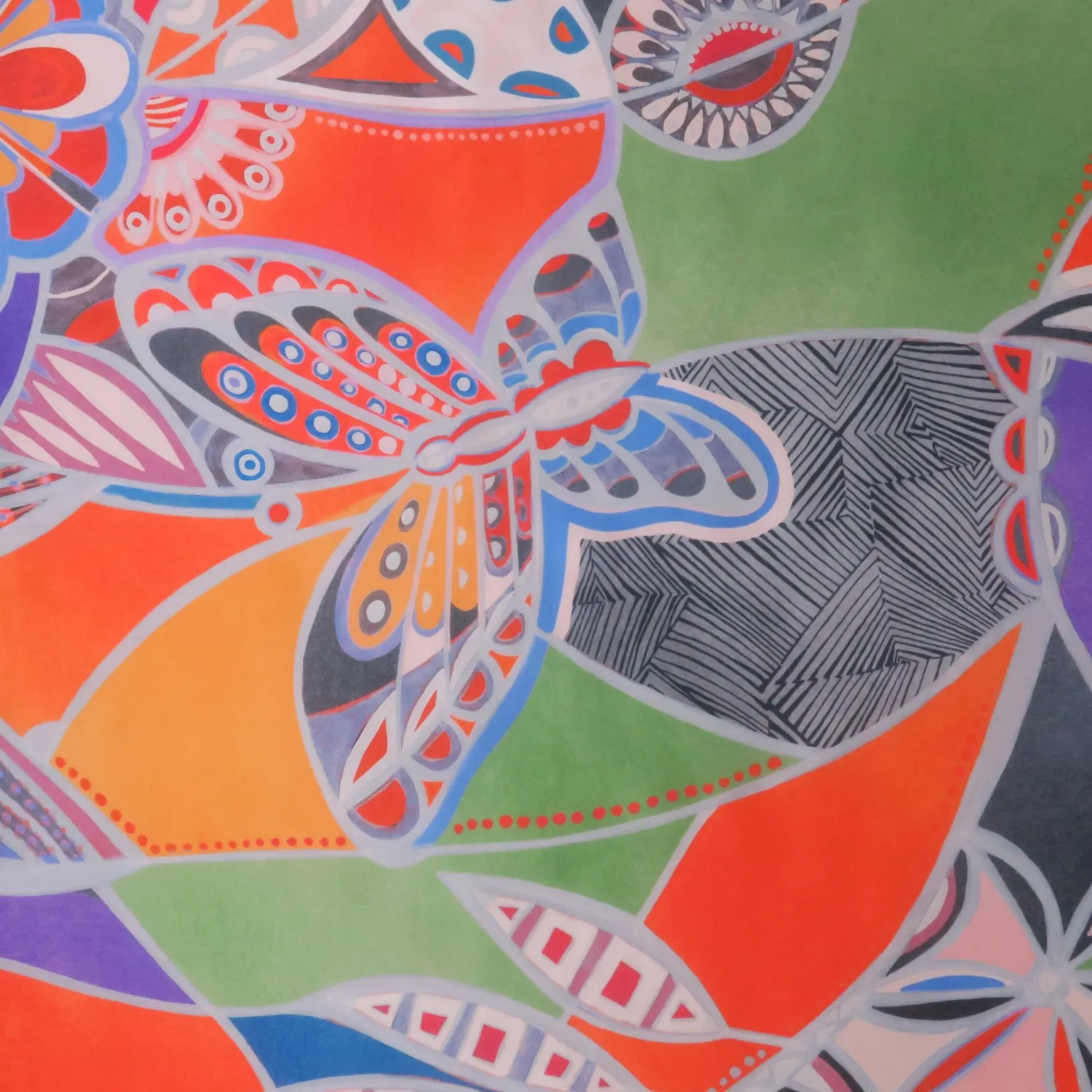Green and Orange Art Deco Butterflies Printed Silk Charmeuse Fabric