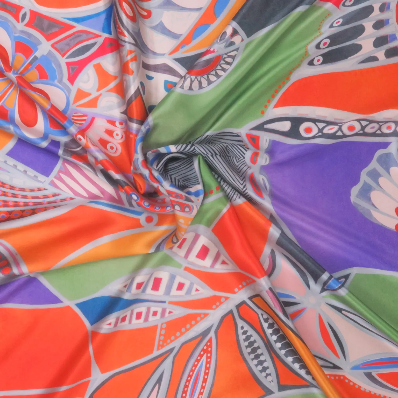 Green and Orange Art Deco Butterflies Printed Silk Charmeuse Fabric