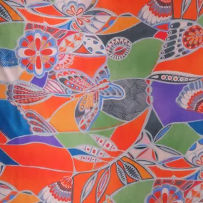 Green and Orange Art Deco Butterflies Printed Silk Charmeuse Fabric