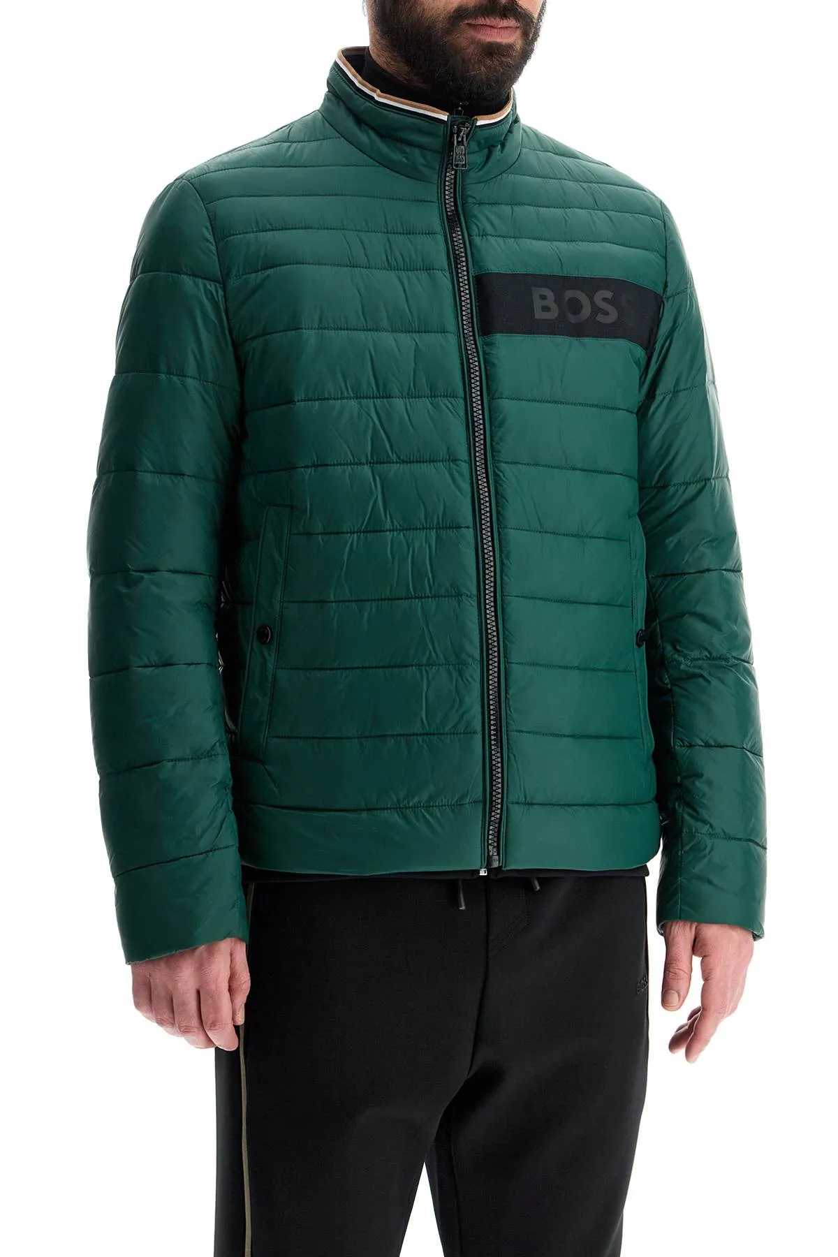 GREEN DOWN JACKET WITH HIGH COLLAR REGULAR FIT AND ZIP