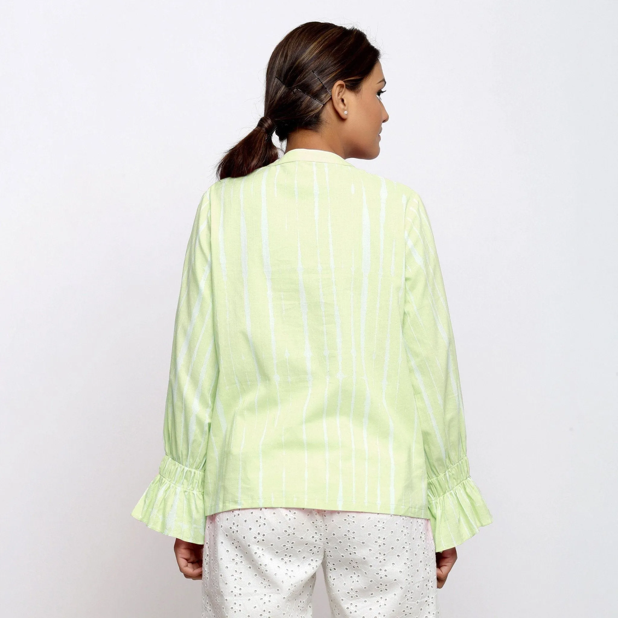 Green Hand Tie-Dye Cotton Mandarin Collar Blouson Top