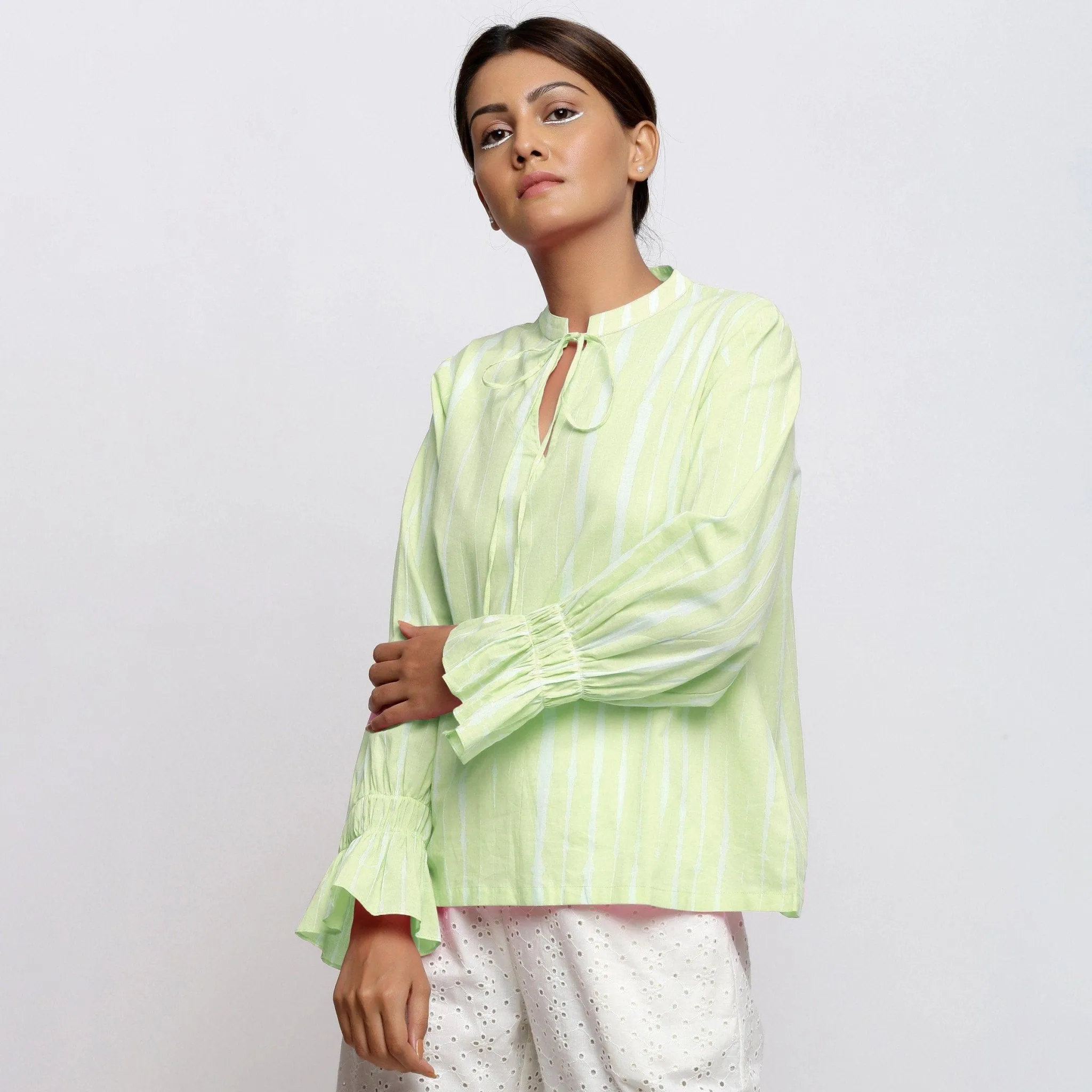 Green Hand Tie-Dye Cotton Mandarin Collar Blouson Top