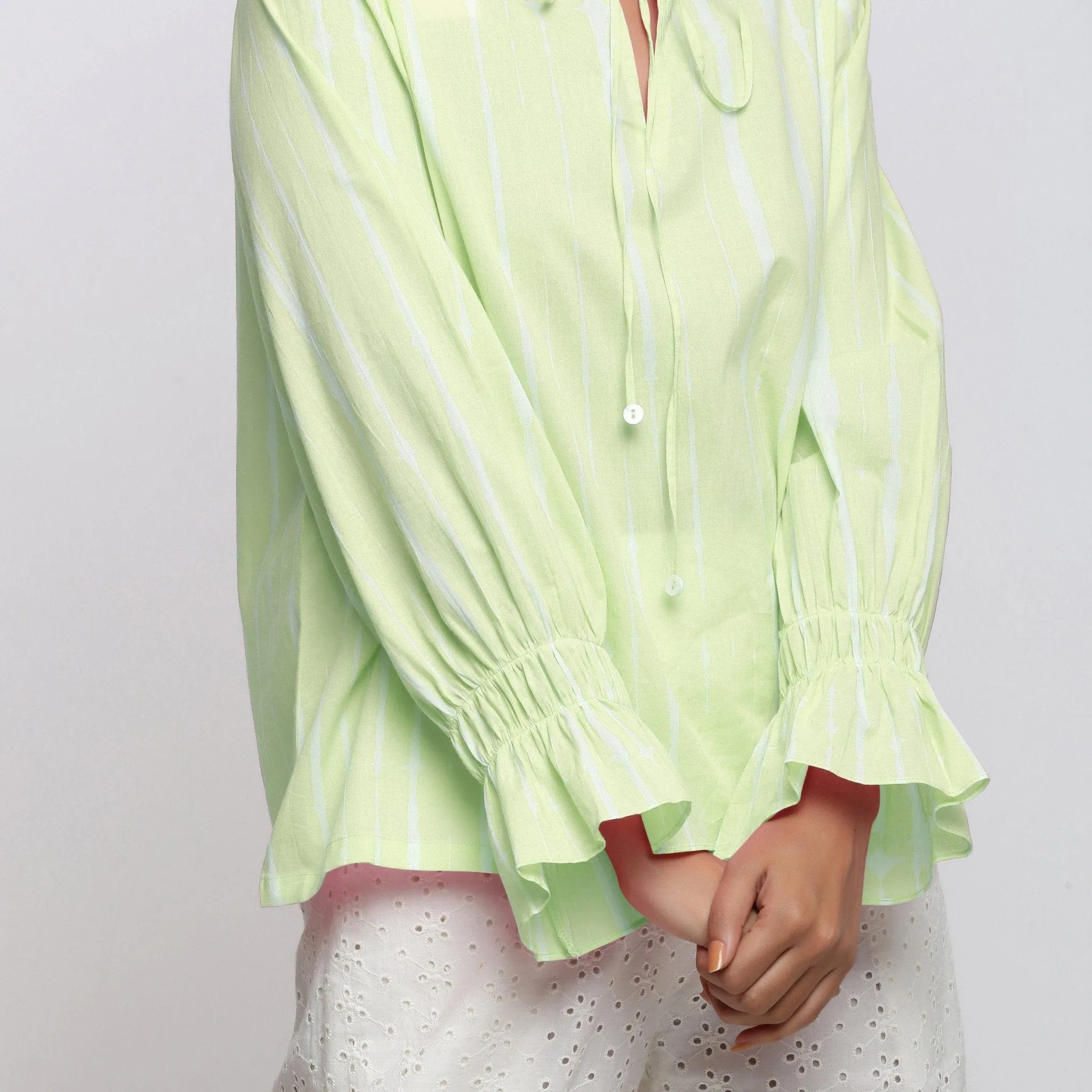 Green Hand Tie-Dye Cotton Mandarin Collar Blouson Top