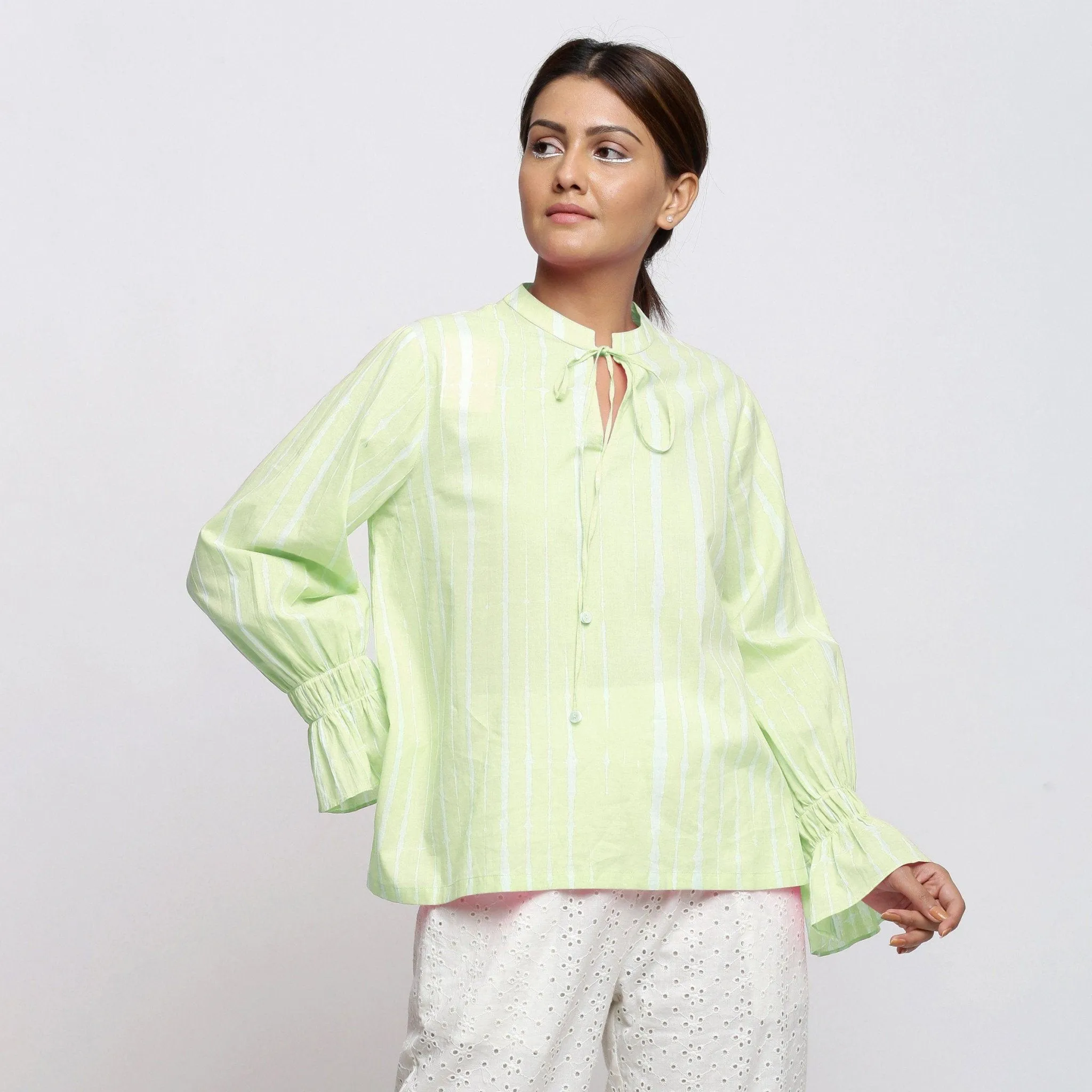 Green Hand Tie-Dye Cotton Mandarin Collar Blouson Top