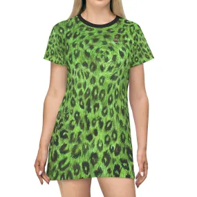 Green Leopard Print T-Shirt Dress, Leopard Animal Print Crewneck Dress For Ladies - Made in USA
