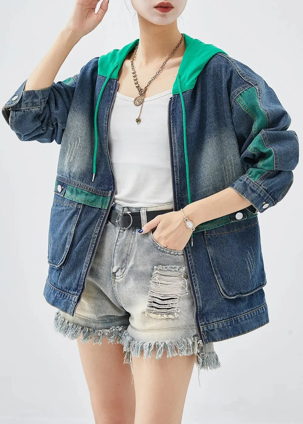 Green Patchwork Denim Coats Hooded Pockets Fall ML1232