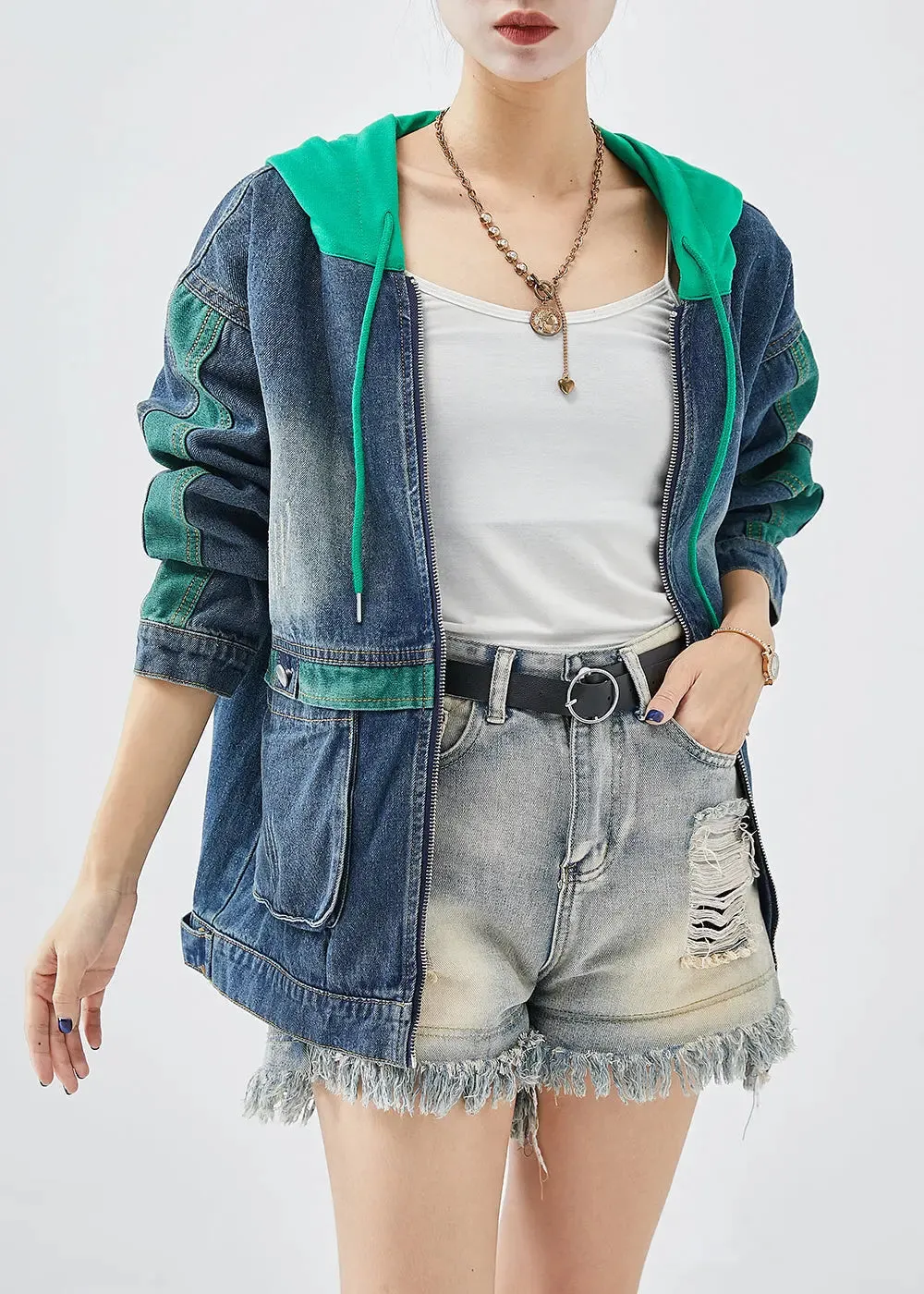 Green Patchwork Denim Coats Hooded Pockets Fall ML1232