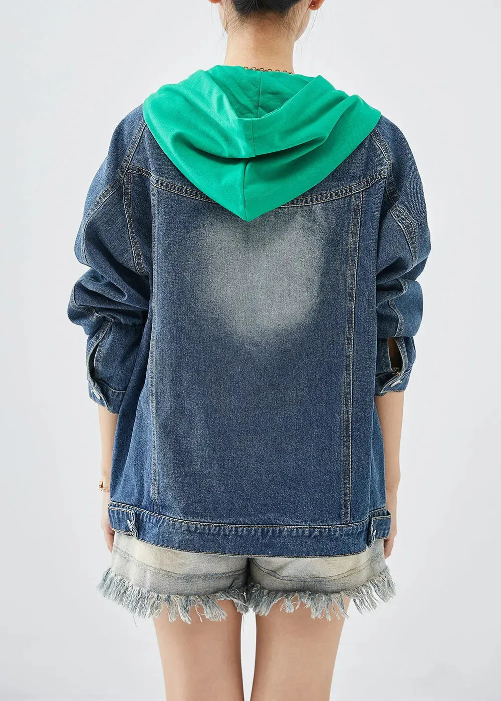 Green Patchwork Denim Coats Hooded Pockets Fall ML1232