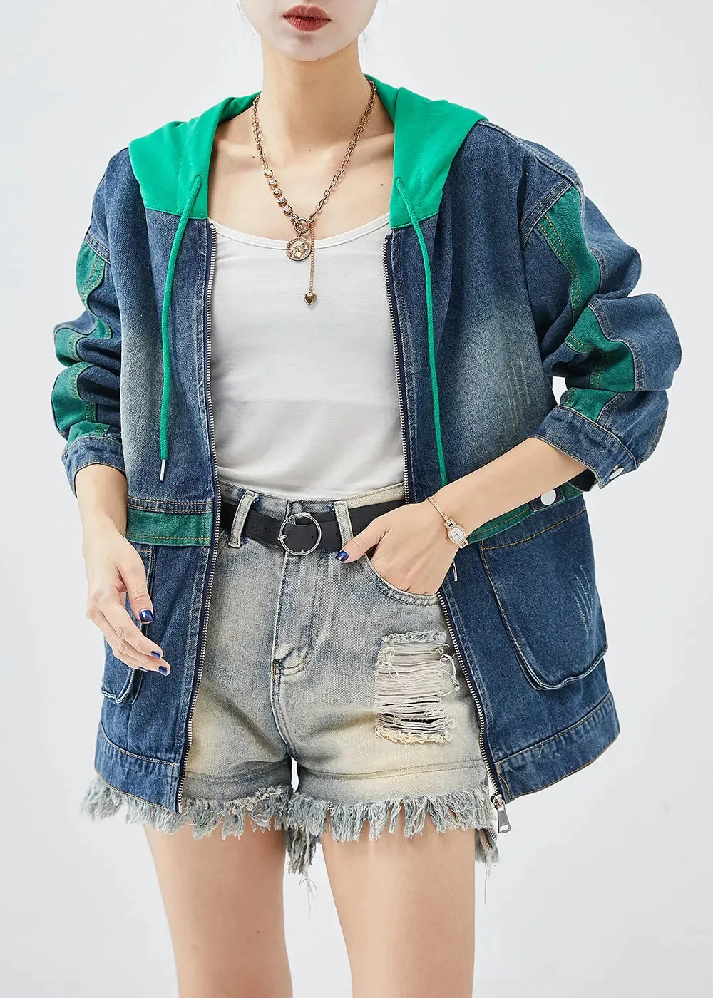 Green Patchwork Denim Coats Hooded Pockets Fall ML1232
