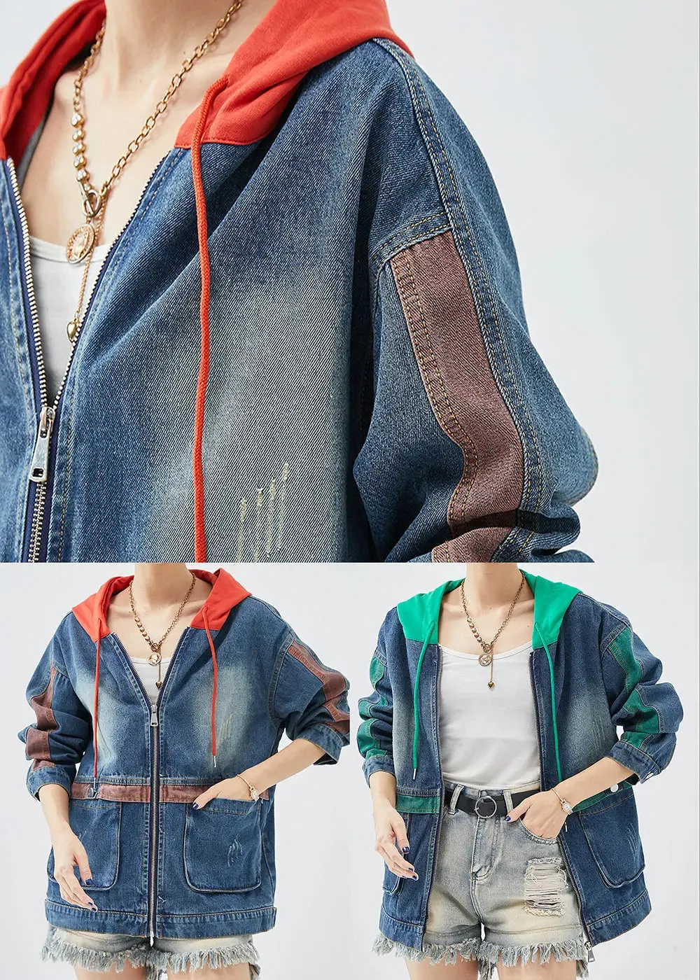 Green Patchwork Denim Coats Hooded Pockets Fall ML1232